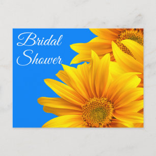 Cartão Postal De Convite Chuva de Noiva Girassóis Flores Azuis e Amarelas