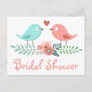 Cartão Postal De Convite Chuva de Noiva Rosa Floral Casal de Pássaros Casam