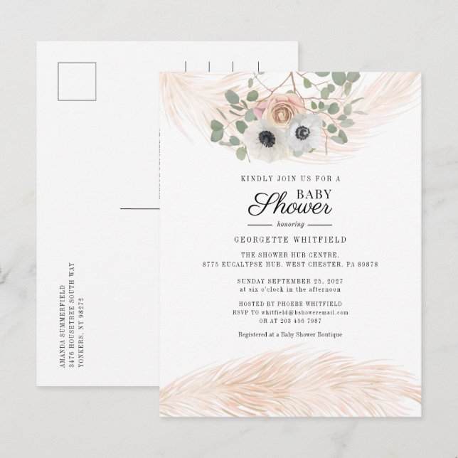 Cartão Postal De Convite Chuva de Pampas Floral Boho Menina Chá de Bebê (Frente/Verso)