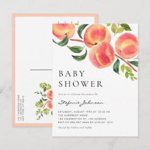 Cartão Postal De Convite Chuva de Peaches de Aquarela Chá de Bebê de Verão