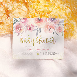 Cartão Postal De Convite Chuva de Rosas em Aquarela Rosa Escrito em Dourado