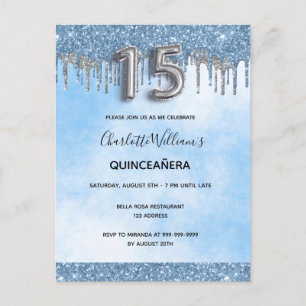 Cartão Postal De Convite Cinceanera azul brilhante prateado elegante luxuri