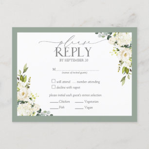 Cartão Postal De Convite Cinza Branca Casamento Floral de Mola Verde RSVP I