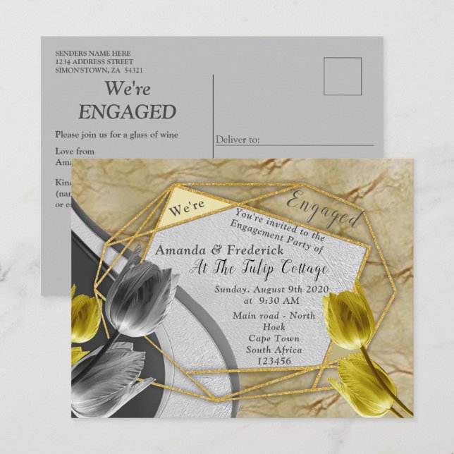 Cartão Postal De Convite Cinzas e tulipas amarelas na textura. (Frente/Verso)