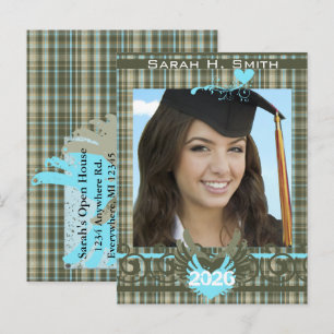 Cartão Postal De Convite Classe de Graduação em Xadrez Azul e Verde-Azul 20