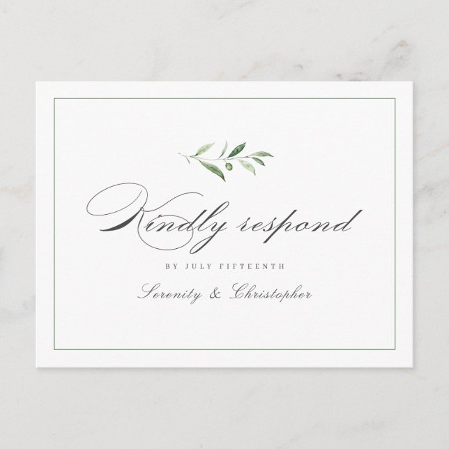 Cartão Postal De Convite Clássico Elegance Script Greenery casamento RSVP I (Frente)