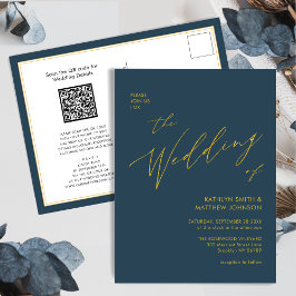 Cartão Postal De Convite Código QR Azul Dusty Tudo Em Um Casamento Dourado 