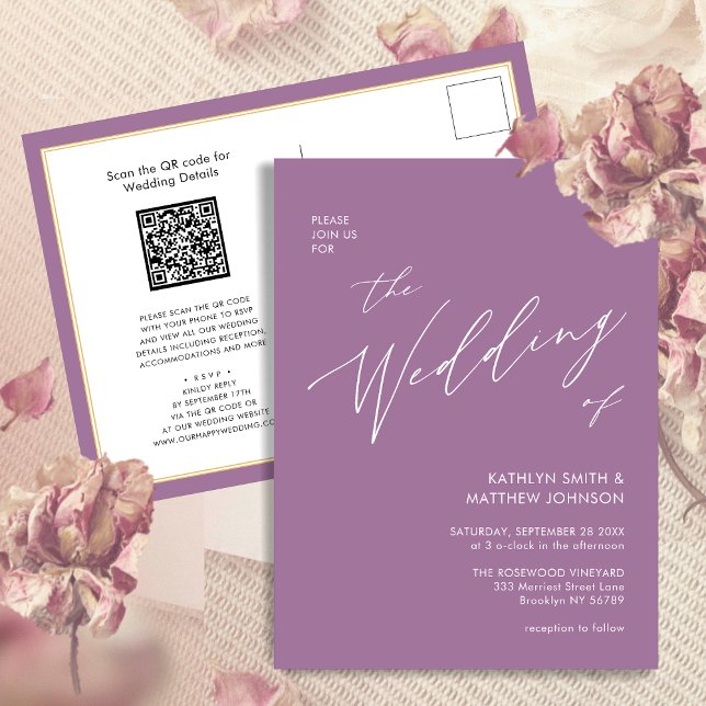Cartão Postal De Convite Código QR Mauve - Tudo Em Um Casamento De Script M (Criador carregado)