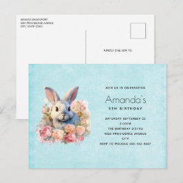 Cartão Postal De Convite Coelho com uma Guirlanda de Rosas Aniversário Fofo