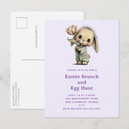 Cartão Postal De Convite Coelho Fofo Segurando um Tulipa de Páscoa