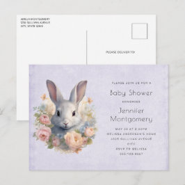 Cartão Postal De Convite Coelho Rodeado por Flores Pastel Cute Aniversário