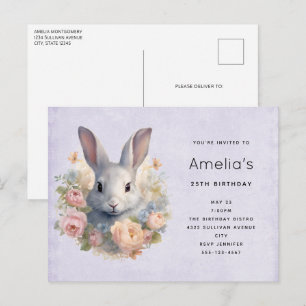 Cartão Postal De Convite Coelho Rodeado por Flores Pastel Cute Aniversário