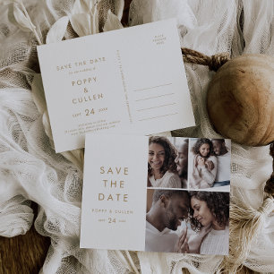 Cartão Postal De Convite Colagem de Fotografias Dourada Chic 3 Salve a Data