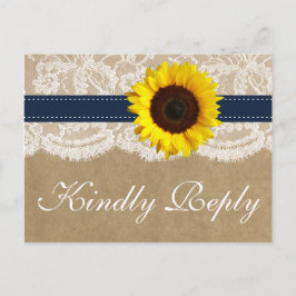 Cartão Postal De Convite Coleção Kraft, Lace & Sunflower - Marinho