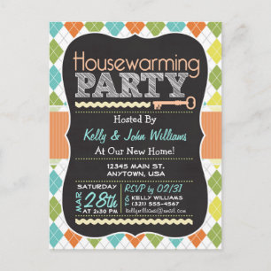 Cartão Postal De Convite Colorful Argyle; Chalkboard Housearming Party