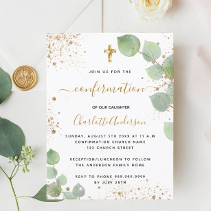 Cartão Postal De Convite Comunhão de menina com eucalipto verde dourado