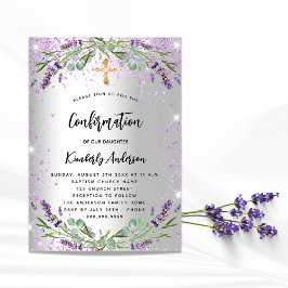 Cartão Postal De Convite Comunhão de menina com lavanda prata violeta e bri