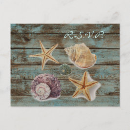Cartão Postal De Convite conchas elegantes de madeira barnwood praia casame