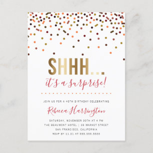 Cartão Postal De Convite Confetes coloridos Shhh… É um partido de surpresa