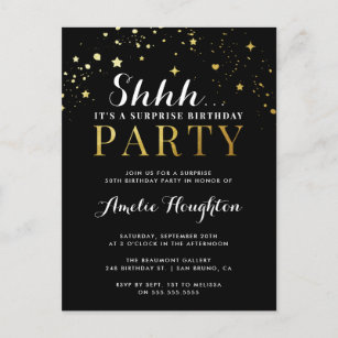 Cartão Postal De Convite Confetes pretos & Dourados Shhh… Partido de