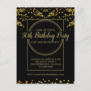 Cartão Postal De Convite Confetti Amarelo Dourado De Brilho No Aniversário