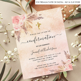 Cartão Postal De Convite Confirmação pampas rosa dourado cor-de-rosa