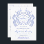 Cartão Postal De Convite Convidado de repouso azul aniversário de 40 anos d<br><div class="desc">Uma elegante crista floral azul-vintage francesa toma palco central neste convite de aniversário de eterno. Ornamentado,  formal e muito feminina fará qualquer dama de aniversário se sentir muito especial. Os suprimentos da parte coordenadora estão disponíveis.</div>