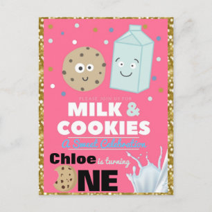 Cartão Postal De Convite Cookies & Leite Rosa & Dourado Glitter Aniversári