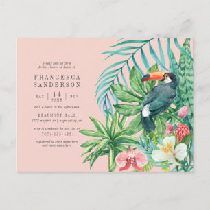 Cartão Postal De Convite Cor-de-rosa pincelada e tropical deixa o Chá de pa