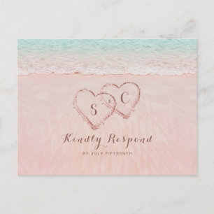 Cartão Postal De Convite Corações cor-de-rosa no casamento da praia RSVP