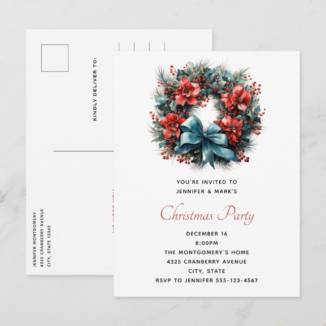 Cartão Postal De Convite Coroa de Natal de Pinheiro com Azevinho (Frente/Verso)