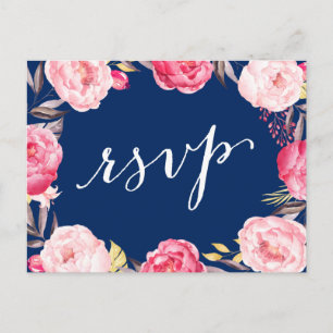 Cartão Postal De Convite Coroa Floral Rosa Azul Marinho Casamento RSVP Resp