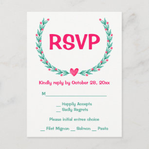 Cartão Postal De Convite Coroa Floral Rosa Verde em Aquarela RSVP Casamento