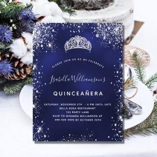 Cartão Postal De Convite Coroa tiara azul de Quinceanera, poeira prateada