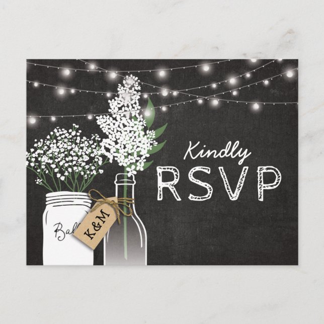Cartão Postal De Convite Country Rustic Chalkboard Wood Weding RSVP (Frente)