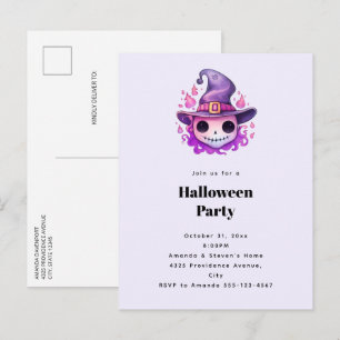 Cartão Postal De Convite Crânio em um Chapéu de Bruxa Festa de Halloween Ca