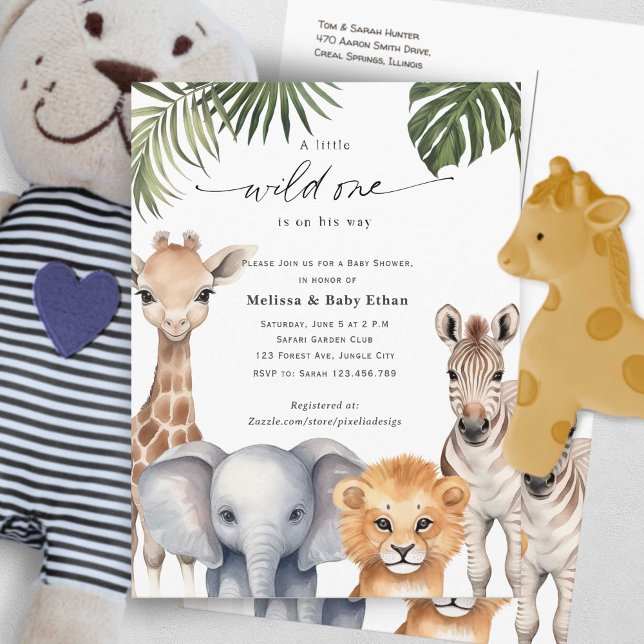 Cartão Postal De Convite Criança Selvagem Chá Safari Bebês (Wild One Safari Baby Animals, Baby Boy Shower. A wild One is on Her way, A Cute Baby Shower invite.)