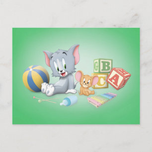 Cartão Postal De Convite Criança Tom e Jerry Brincando com Brinquedos