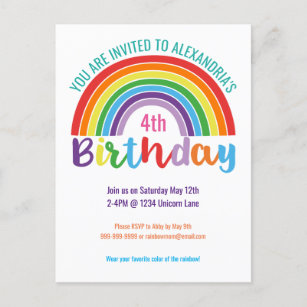 Cartão Postal De Convite Crianças Festa de aniversário Arco-Íris Meninas Co