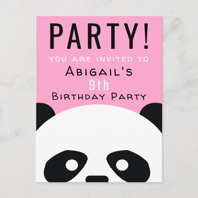 Cartão Postal De Convite Crianças Festas de aniversário Panda Rosa Kawaii (Frente)