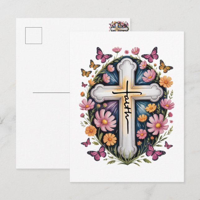 Cartão Postal De Convite Cruz da Fé Floral  (Frente/Verso)