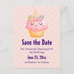 Cartão Postal De Convite Cupcake rosa-claro Unicórn com Rosas Salvar a Data