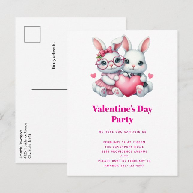 Cartão Postal De Convite Cute Bunnies Sharing a Heart Valentine's Party (Frente/Verso)