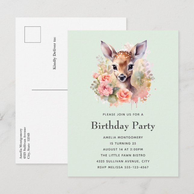 Cartão Postal De Convite Cute Deer Cercado Por Rosas Aniversário (Frente/Verso)