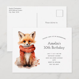 Cartão Postal De Convite Cute Fox Pup in a Red Scarf Birthday