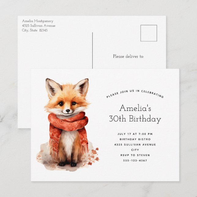 Cartão Postal De Convite Cute Fox Pup in a Red Scarf Birthday (Frente/Verso)