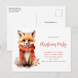 Cartão Postal De Convite Cute Fox Pup in a Red Scarf Christmas Party