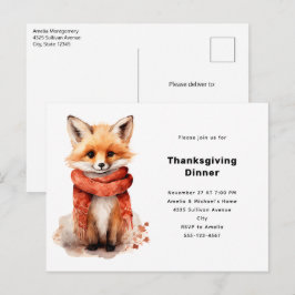 Cartão Postal De Convite Cute Fox Pup in a Red Scarf Thanksgiving