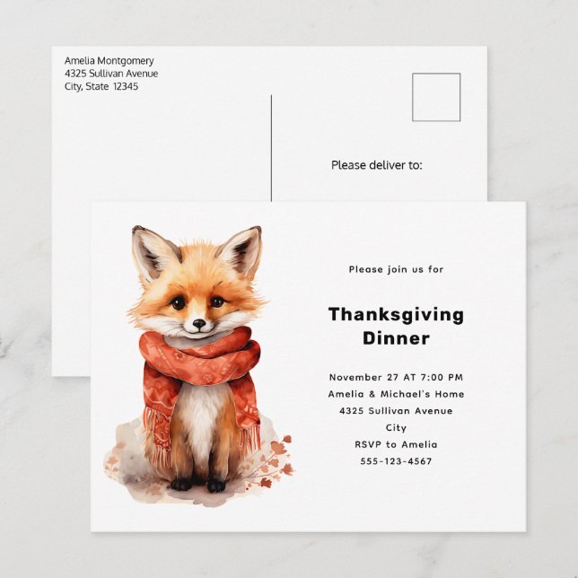 Cartão Postal De Convite Cute Fox Pup in a Red Scarf Thanksgiving (Frente/Verso)