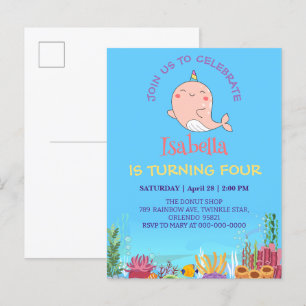Cartão Postal De Convite Cute Narwhale Fish Unicorn Rainbow sea Aniversário